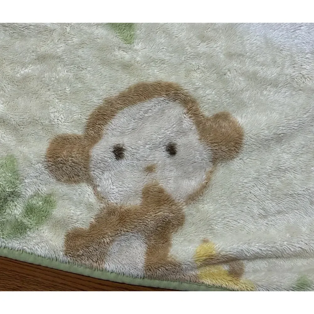 Carters Monkey Baby Blanket Fleece Plush Green Yellow Palm Tree Jungle Blue Bird